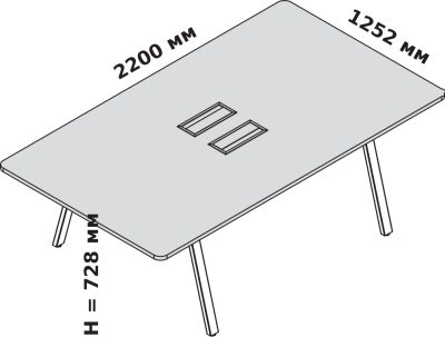 Рабочий стол L.220 х p. 125,2 с двумя top access и центральным кабель-каналом на А-образных опорах