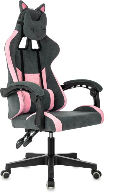 Кресло игровое Knight Kitty Fabric серый/розовый с подголов. крестов. пластик